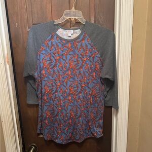 Women’s 2XL LuLaRoe Gray & Blue Randy Top with Orange Accents
